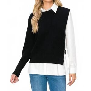 NEW JOH wyatt cotton pleated shirt with knitted sweater in black/white